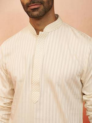 cream thread embroidered kurta with pyjama - elegant textured set 2
