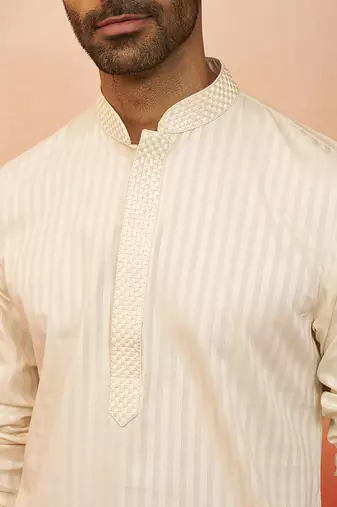 cream thread embroidered kurta with pyjama - elegant textured set