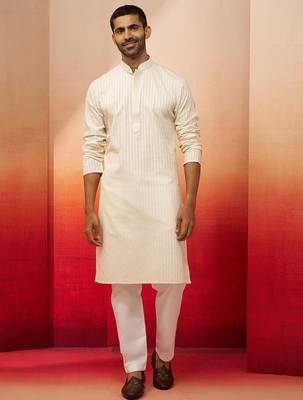 cream thread embroidered kurta with pyjama - elegant textured set 3