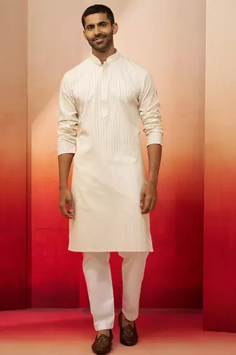 cream thread embroidered kurta with pyjama - elegant textured set