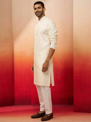 cream thread embroidered kurta with pyjama - elegant textured set 4