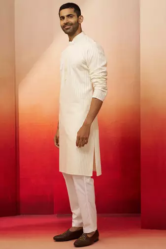 cream thread embroidered kurta with pyjama - elegant textured set