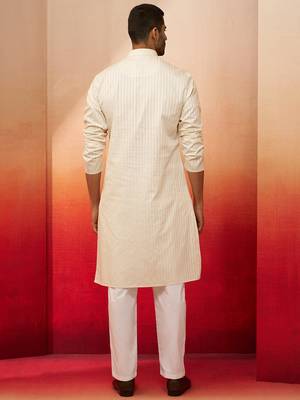 cream thread embroidered kurta with pyjama - elegant textured set 5