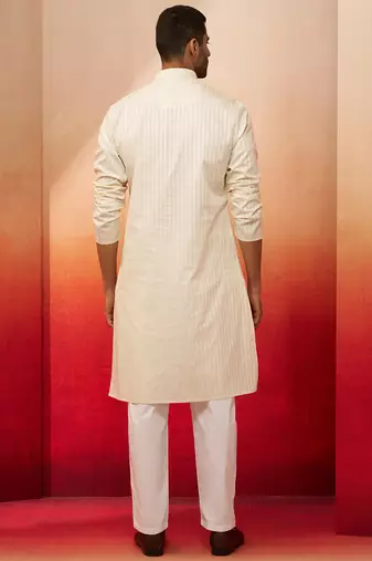 cream thread embroidered kurta with pyjama - elegant textured set