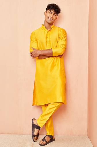 yellow viscose kurta with yellow pant - festive ethnic wear set