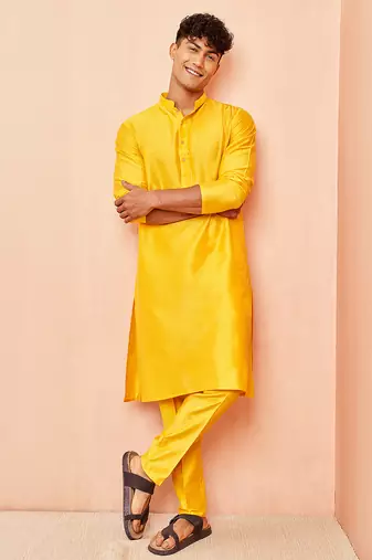 yellow viscose kurta with yellow pant - festive ethnic wear set