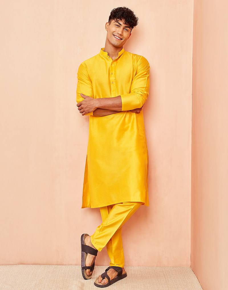 yellow viscose kurta with yellow pant - festive ethnic wear set