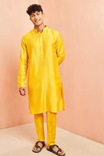 yellow viscose kurta with yellow pant - festive ethnic wear set