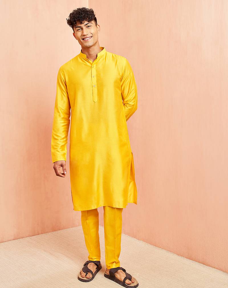 yellow viscose kurta with yellow pant - festive ethnic wear set