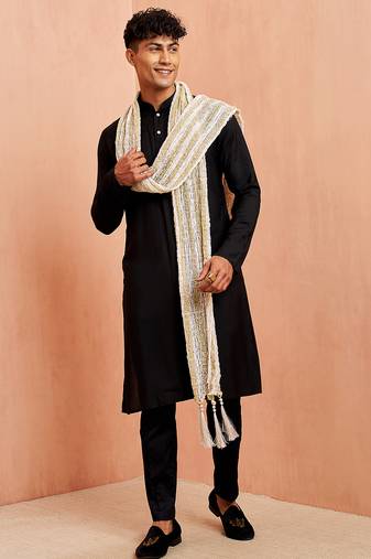 Black silk kurta pyjama set - 3 piece with white dupatta wedding wear