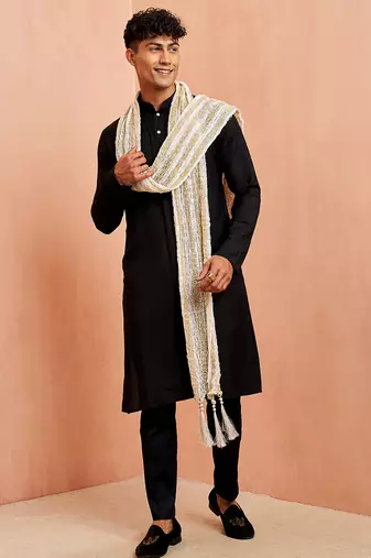 Black silk kurta pyjama set - 3 piece with white dupatta wedding wear