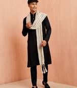 Black silk kurta pyjama set - 3 piece with white dupatta wedding wear