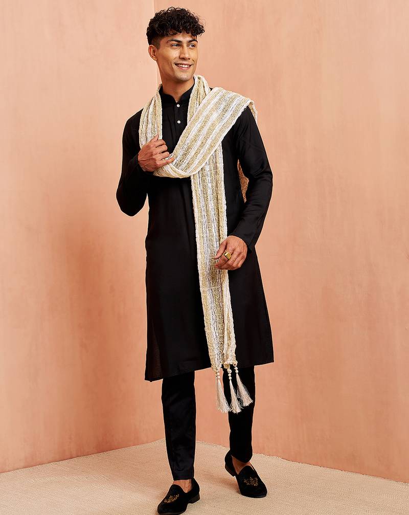 Black silk kurta pyjama set - 3 piece with white dupatta wedding wear