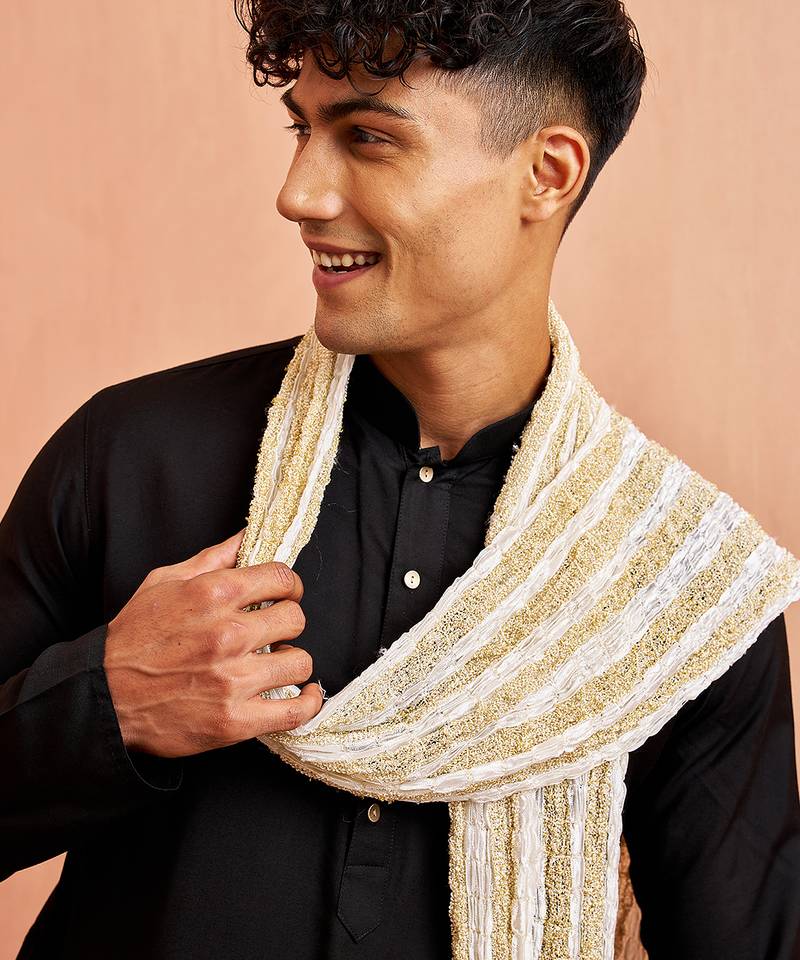 Black silk kurta pyjama set - 3 piece with white dupatta wedding wear