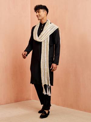 Black silk kurta pyjama set - 3 piece with white dupatta wedding wear 3