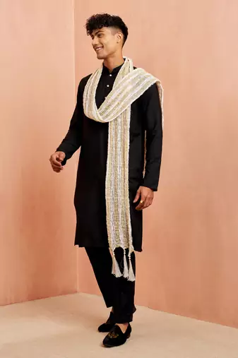 Black silk kurta pyjama set - 3 piece with white dupatta wedding wear