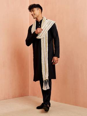 Black silk kurta pyjama set - 3 piece with white dupatta wedding wear 4