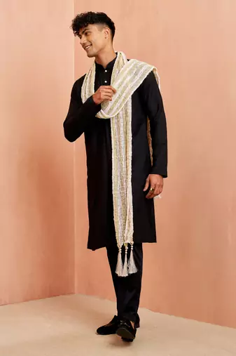 Black silk kurta pyjama set - 3 piece with white dupatta wedding wear