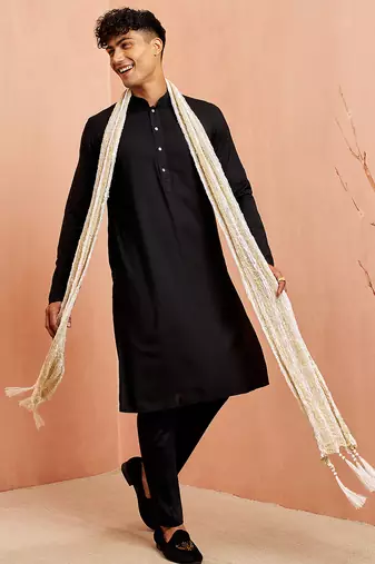 Black silk kurta pyjama set - 3 piece with white dupatta wedding wear