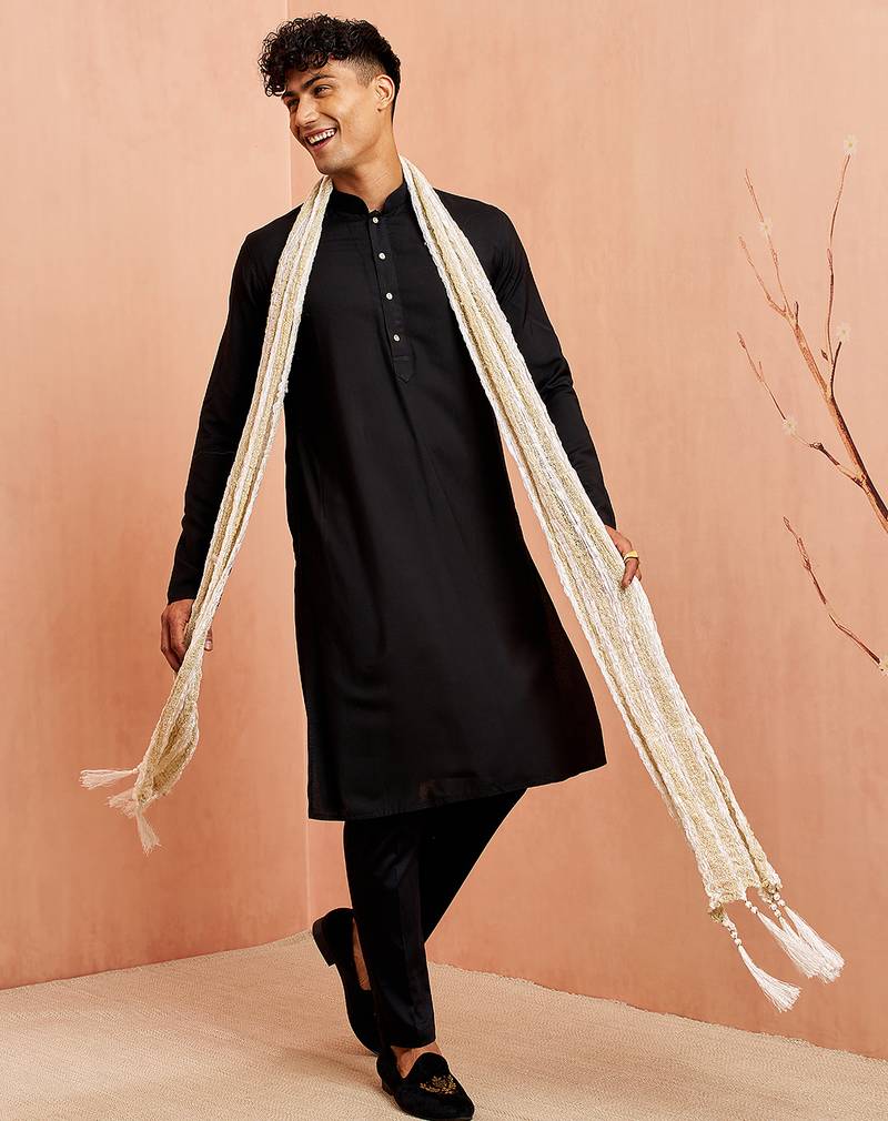 Black silk kurta pyjama set - 3 piece with white dupatta wedding wear