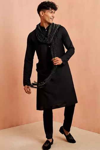 Black 3-piece viscose kurta pyjama dupatta set - traditional festival wear