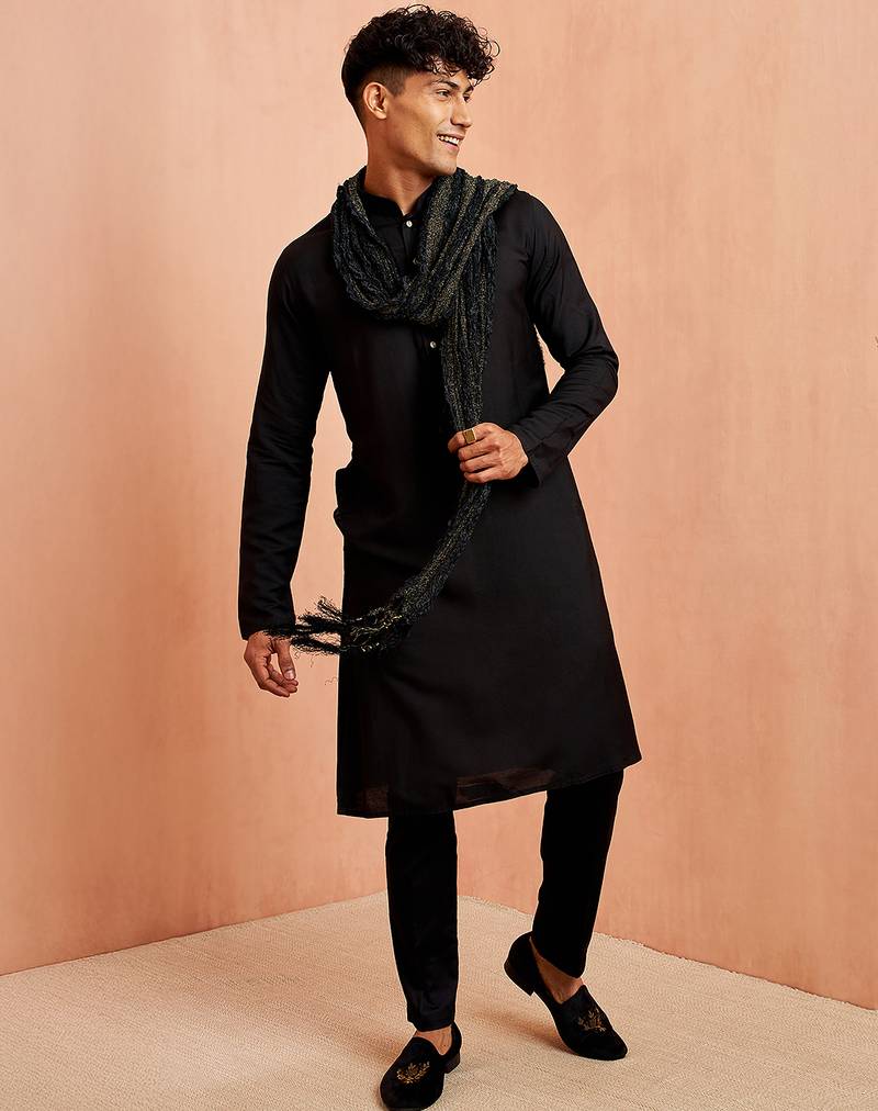 Black 3-piece viscose kurta pyjama dupatta set - traditional festival wear