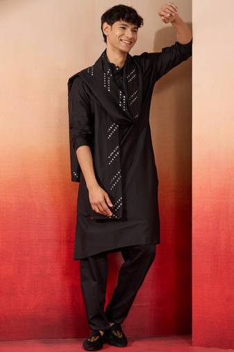 black silk kurta set with pant and mirror work dupatta - premium ethnic wear