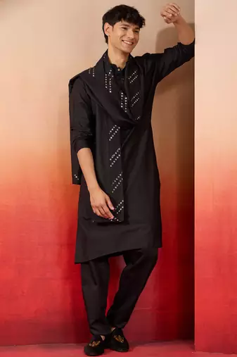 black silk kurta set with pant and mirror work dupatta - premium ethnic wear