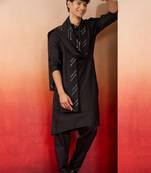 black silk kurta set with pant and mirror work dupatta - premium ethnic wear