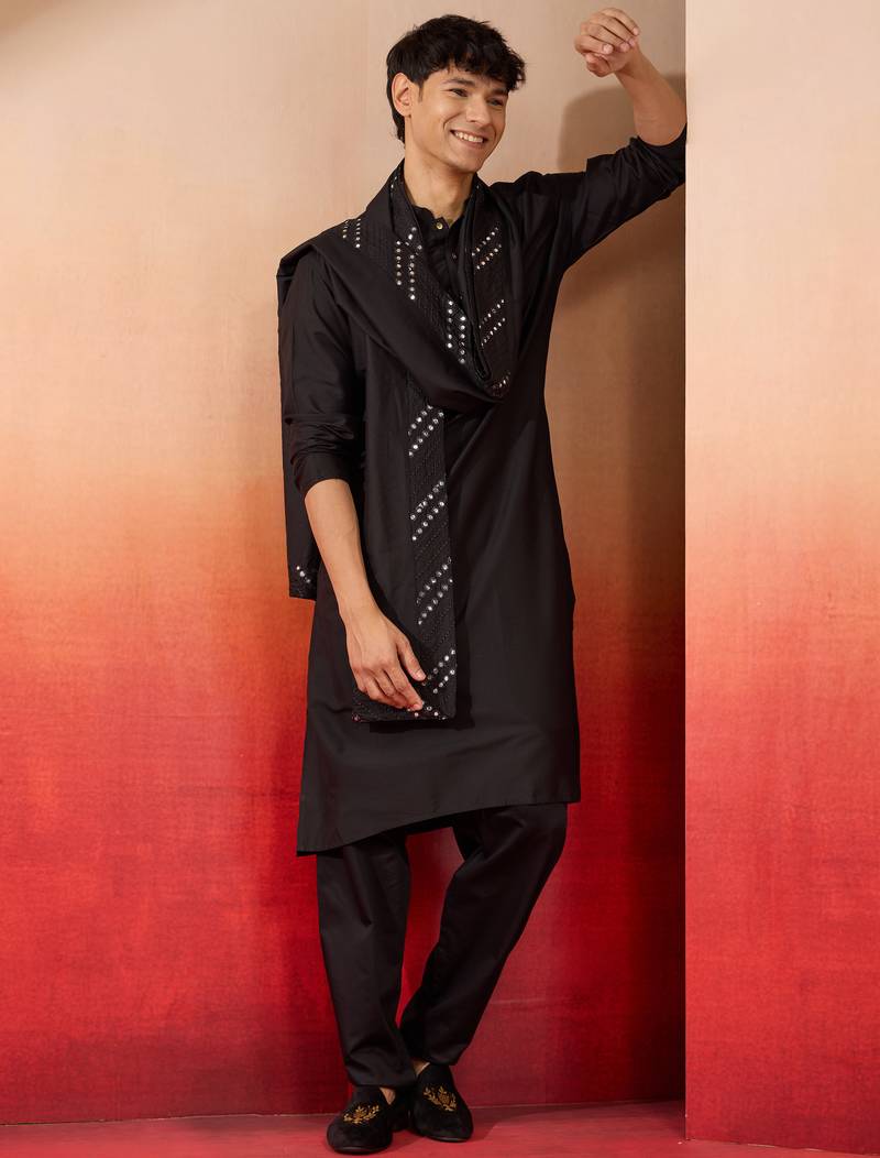 black silk kurta set with pant and mirror work dupatta - premium ethnic wear