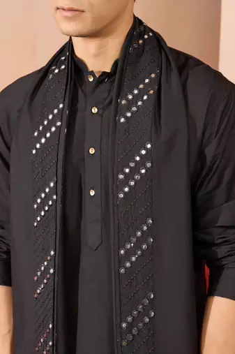 black silk kurta set with pant and mirror work dupatta - premium ethnic wear