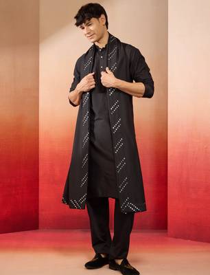 black silk kurta set with pant and mirror work dupatta - premium ethnic wear 3