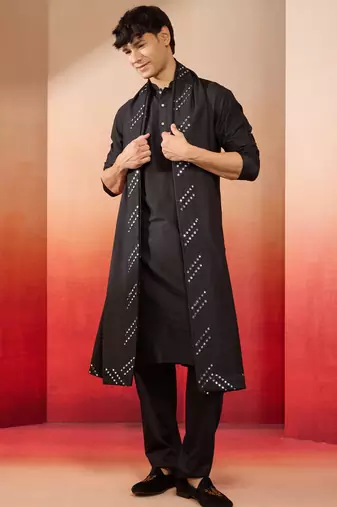 black silk kurta set with pant and mirror work dupatta - premium ethnic wear
