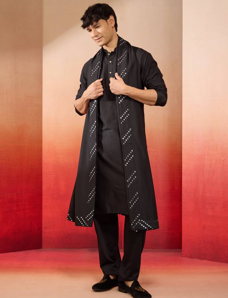black silk kurta set with pant and mirror work dupatta - premium ethnic wear