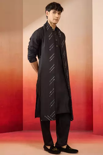 black silk kurta set with pant and mirror work dupatta - premium ethnic wear