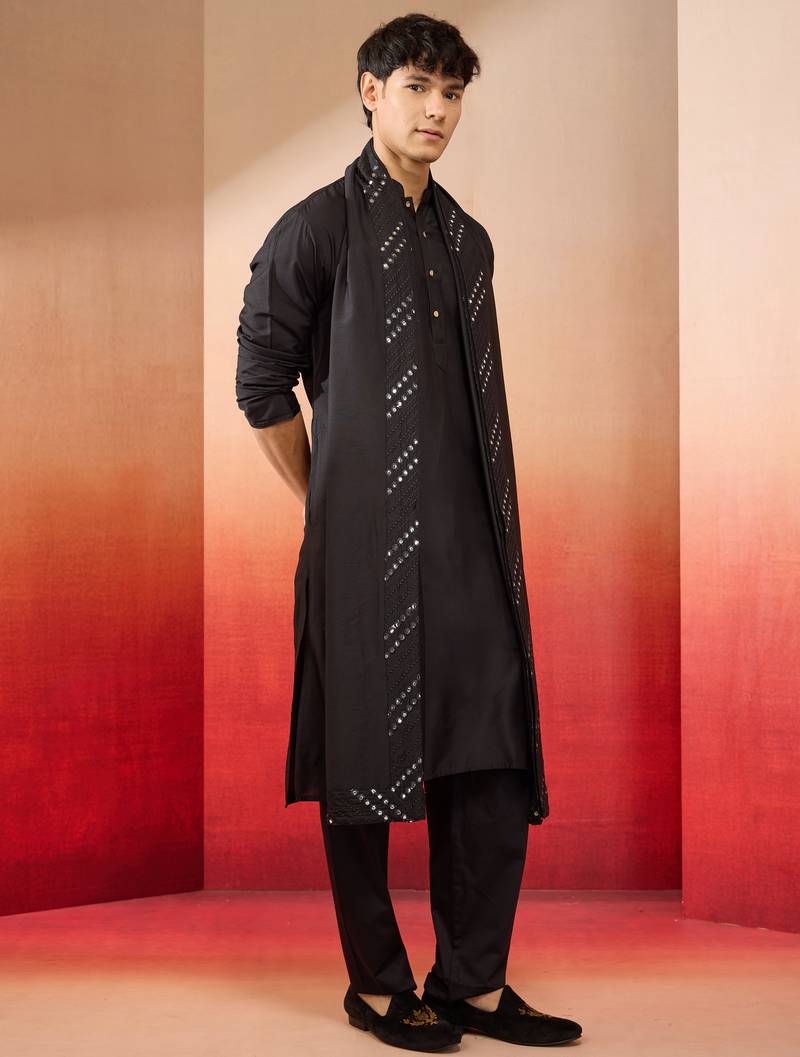 black silk kurta set with pant and mirror work dupatta - premium ethnic wear