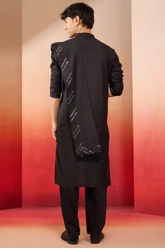 black silk kurta set with pant and mirror work dupatta - premium ethnic wear