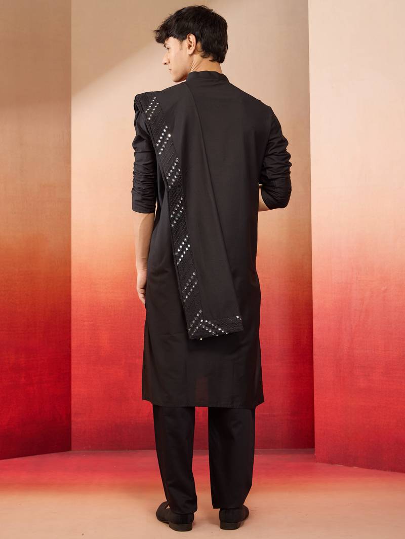 black silk kurta set with pant and mirror work dupatta - premium ethnic wear