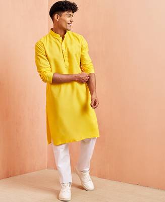 yellow cotton kurta with white pyjama - summer casual set 1