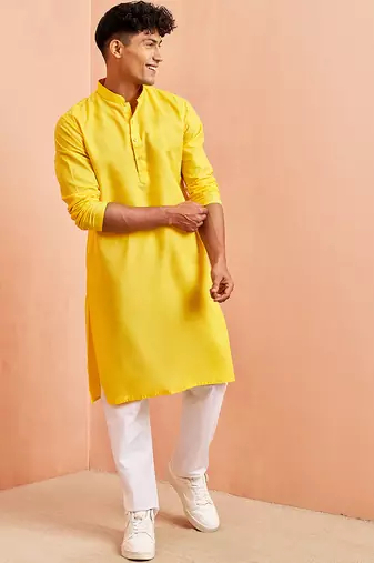 yellow cotton kurta with white pyjama - summer casual set