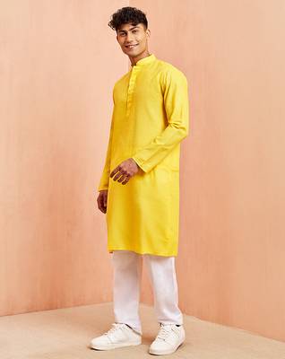 yellow cotton kurta with white pyjama - summer casual set 4