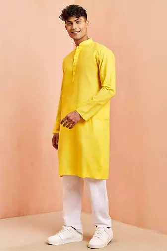 yellow cotton kurta with white pyjama - summer casual set