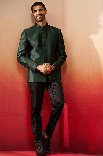bottle green jacquard jodhpuri with pant - premium tailored set