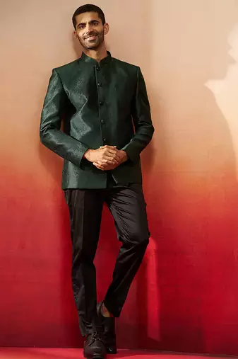 bottle green jacquard jodhpuri with pant - premium tailored set