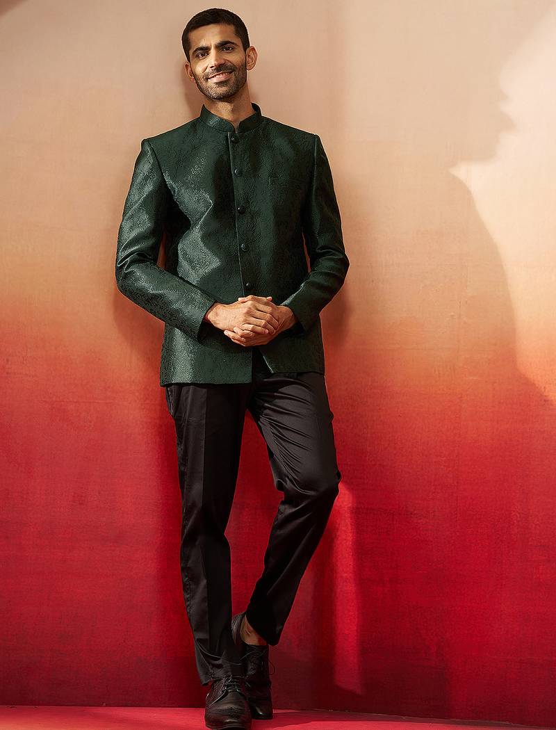 bottle green jacquard jodhpuri with pant - premium tailored set