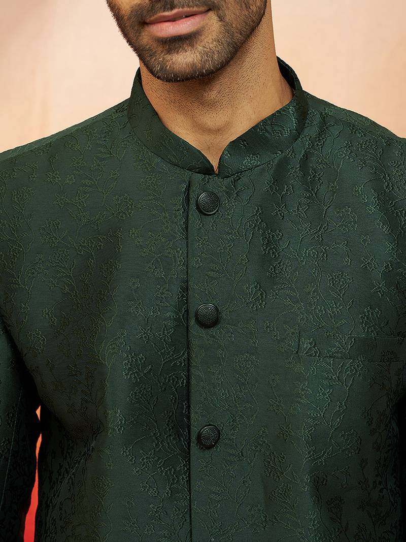 bottle green jacquard jodhpuri with pant - premium tailored set