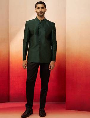 bottle green jacquard jodhpuri with pant - premium tailored set 3
