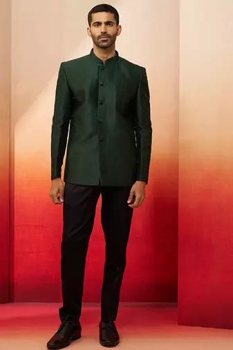 bottle green jacquard jodhpuri with pant - premium tailored set