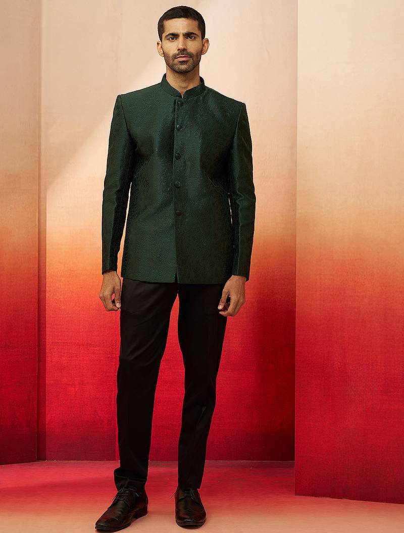 bottle green jacquard jodhpuri with pant - premium tailored set