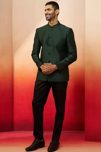 bottle green jacquard jodhpuri with pant - premium tailored set
